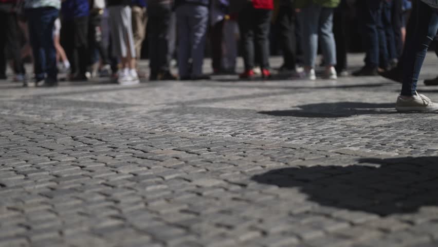 Crowd of people walking on cobblestone street.