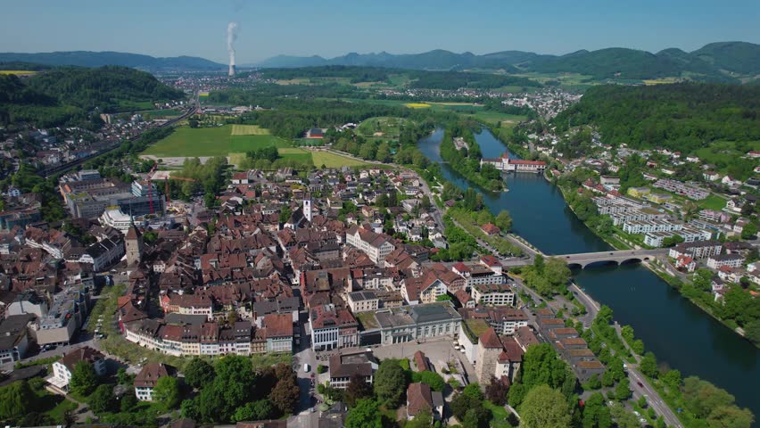 A Panoramic aerial of the old town of the city Aarau in Switzerland on a sunny morning in summer
