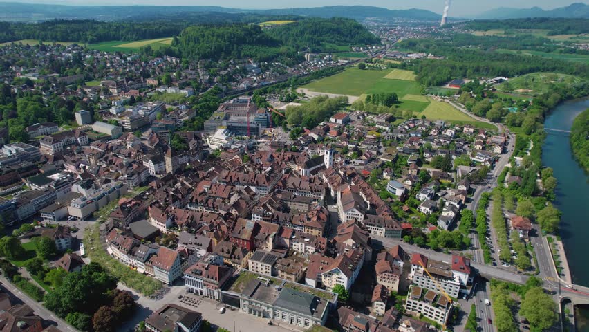 A Panoramic aerial of the old town of the city Aarau in Switzerland on a sunny morning in summer
