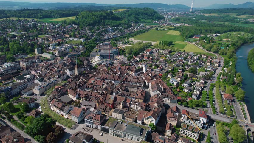 A Panoramic aerial of the old town of the city Aarau in Switzerland on a sunny morning in summer
