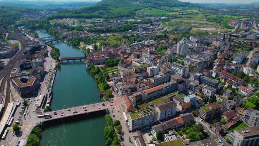 A Panoramic aerial view of the old town around the city Olten in Switzerland on a sunny day in summer