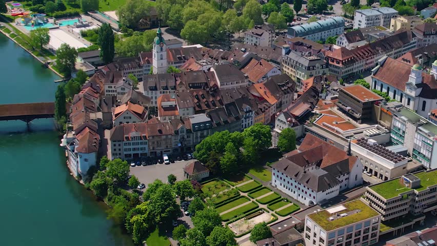 A Panoramic aerial view of the old town around the city Olten in Switzerland on a sunny day in summer