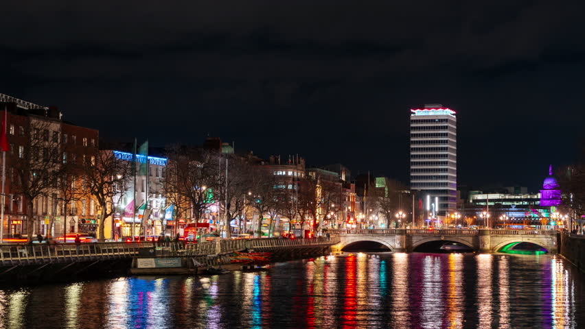 Dublin City Centre at Night – Vibrant Lights Across O’Connell Bridge