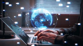Professional person typing on laptop keyboard with digital global network and email icons flying out representing global communication business connectivity and digital marketing technology - Powered by Shutterstock - Get 15% off with code: PIKWIZARD15