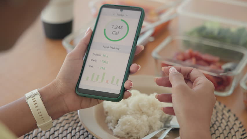 Young adult black asia people active gen z using AI phone record data daily meal tracker clean food diet app control. Asian Smart living care happy life goal routine plan lunch time home dining table.