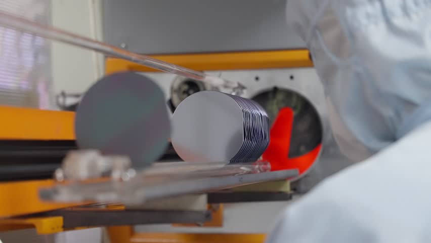 Cleanroom technician handling stacked silicon wafers with precision tool on automated process line, showing semiconductor fabrication, contamination control and wafer inspection