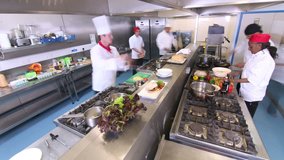 Time lapse clip of a busy team of chefs, working hard and preparing food in a commercial or restaurant kitchen.
