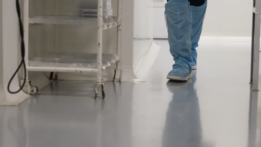 Technician in blue cleanroom boot covers walking across a sterile laboratory floor toward a liquid spill beside a chair, emphasizing contamination control and safety protocols
