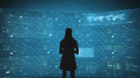 Back view of woman interacting with a large modern touchscreen, exploring futuristic control panel interface, digital technology, and innovation. - Powered by Shutterstock - Get 15% off with code: PIKWIZARD15
