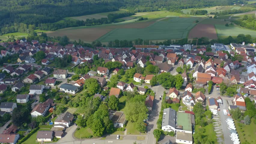 Aerial panoramic view around the suburbs  of the city Sachsenheim in Germany on a sunny summer day.