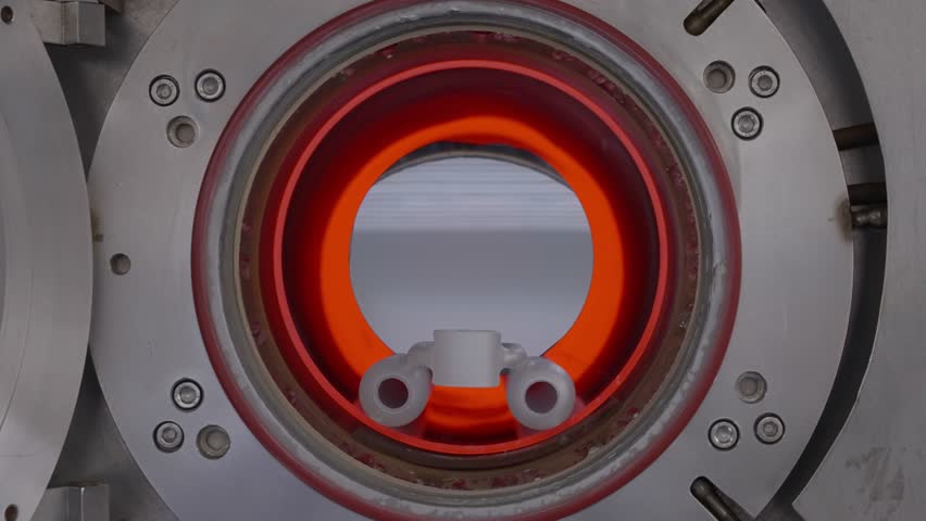 Close-up inside an industrial heating chamber, a vivid orange glowing ring surrounds a central ceramic fixture, revealing high-temperature processing in precision machinery.