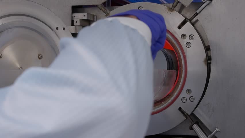 Gloved technician loading a stack of silicon wafers into a heated semiconductor processing chamber in a cleanroom, preparing for thermal treatment in advanced chip fabrication.