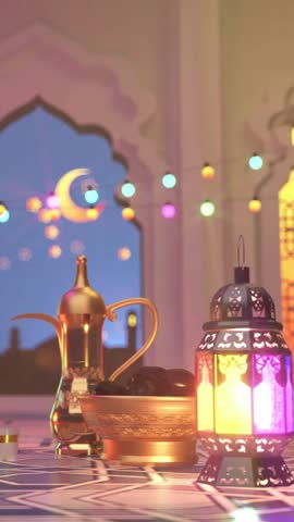 An atmospheric Ramadan scene set indoors at dusk. A golden dallah traditional coffee pot sits next to a bowl of dates on a patterned tablecloth.