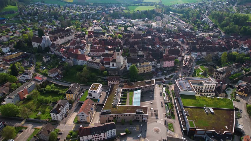 A aerial panorama view around the old town in the city Porrentruy in Switzerland on a sunny spring day