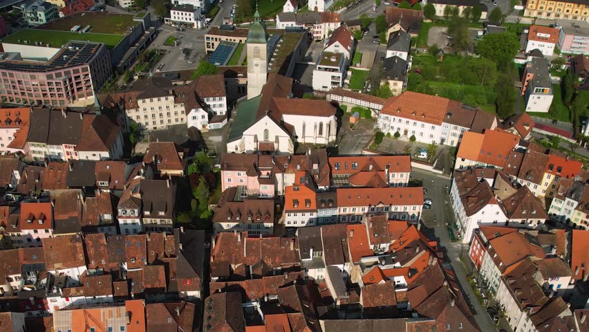 A aerial panorama view around the old town in the city Porrentruy in Switzerland on a sunny spring day