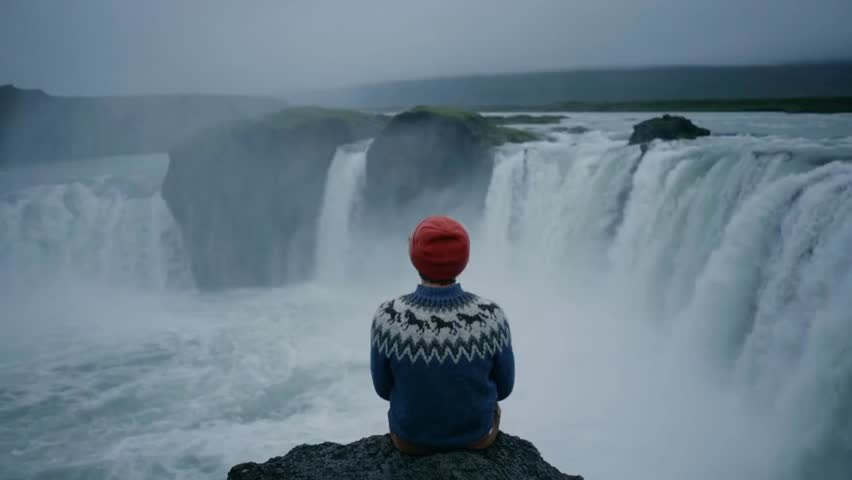 Man in a wool sweater stands on the edge of a waterfall rock, overlooking rushing water, embodying adventure, courage, and connection with nature’s raw beauty.