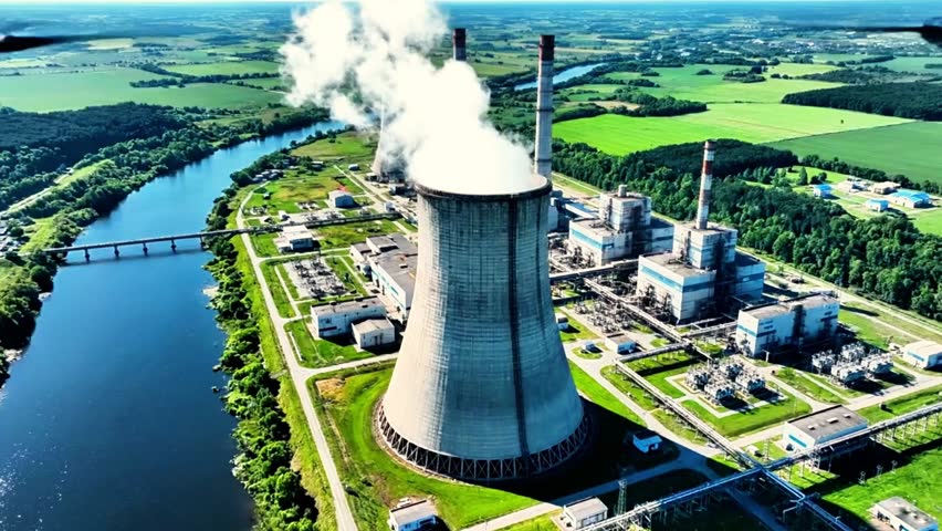 Aerial landscape of an active power plant with cooling towers and smoke stacks situated next to a scenic river and bridge 4k, video