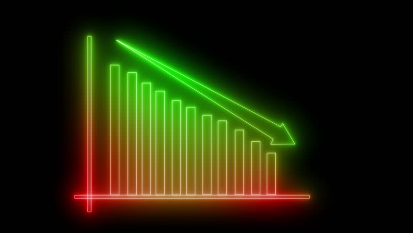 Bar Chart Animation Showing Business Trends with Glowing Neon Lights, Neon Downward Trend Graph on Black Background