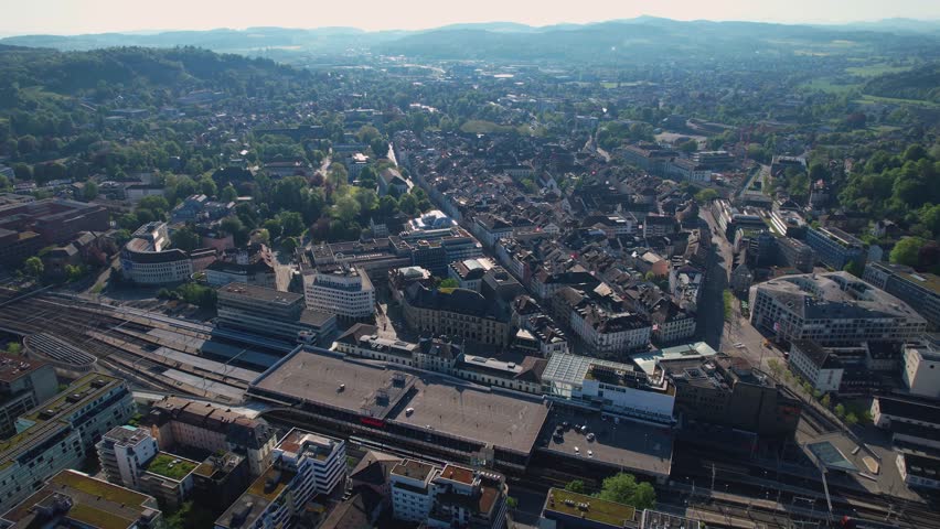 Aerial panorama view of the downtown in the city Winterthur in Switzerland, on a sunny morning in spring.