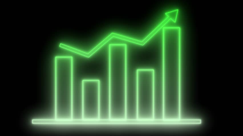 Neon Business Analytics Bar Graph with Glowing Motion, Neon Bar Chart with Upward Trend Arrow