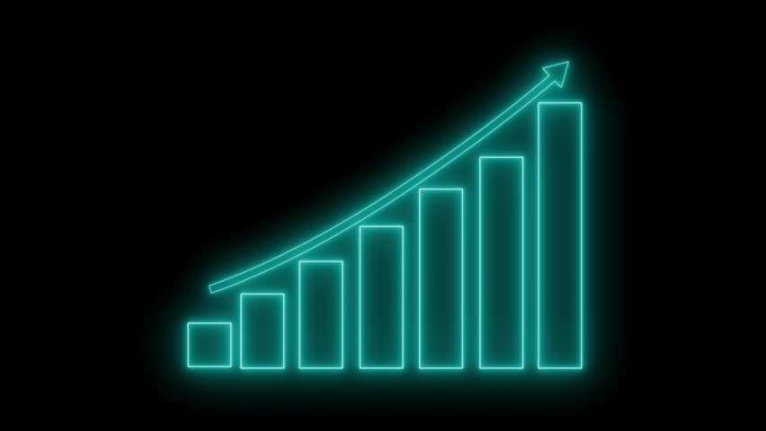 Neon Bar Chart with Upward Arrow, Business Graph Animation in Neon Style for Corporate Use