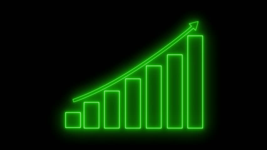Neon Bar Chart with Upward Arrow, Business Graph Animation in Neon Style for Corporate Use