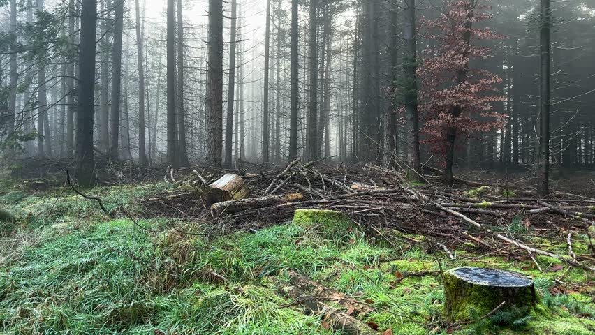 A serene panoramic view of a dense pine forest shrouded in thick morning fog, with a mossy floor covered in fallen branches and soft sunlight filtering through.