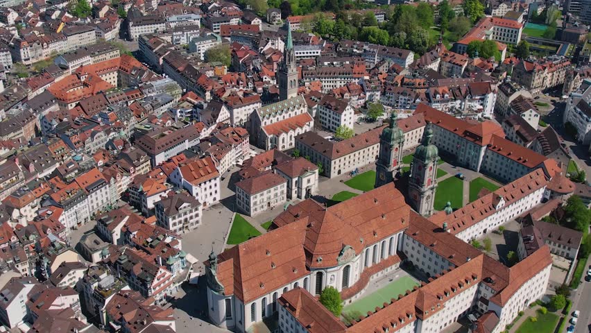 Aerial panorama view of the downtown in the city St Gallen in Switzerland, on a sunny day in spring.