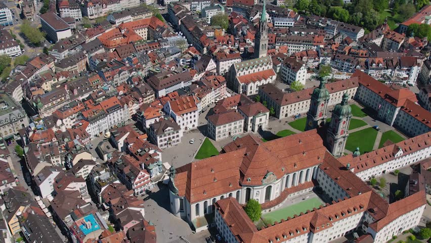 Aerial panorama view of the downtown in the city St Gallen in Switzerland, on a sunny day in spring.