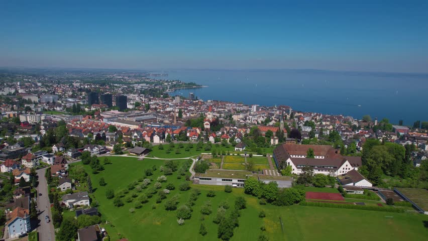 Aerial panorama view of the downtown in the city Rorschach in Switzerland, on a sunny day in spring.
