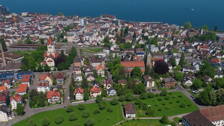 Aerial panorama view of the downtown in the city Rorschach in Switzerland, on a sunny day in spring.