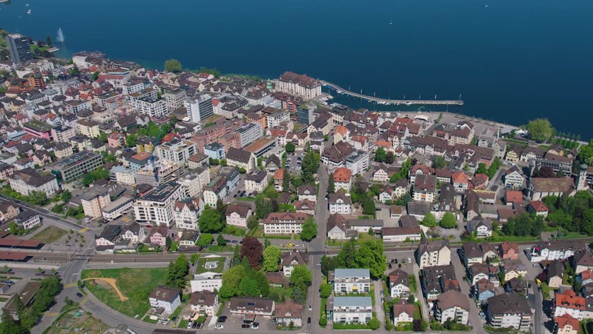 Aerial panorama view of the downtown in the city Rorschach in Switzerland, on a sunny day in spring.