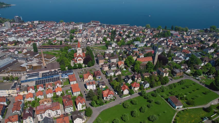 Aerial panorama view of the downtown in the city Rorschach in Switzerland, on a sunny day in spring.