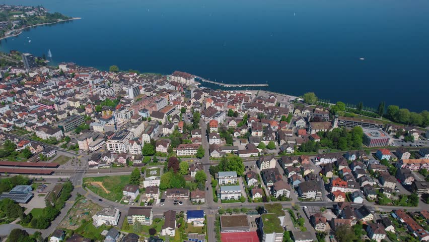 Aerial panorama view of the downtown in the city Rorschach in Switzerland, on a sunny day in spring.