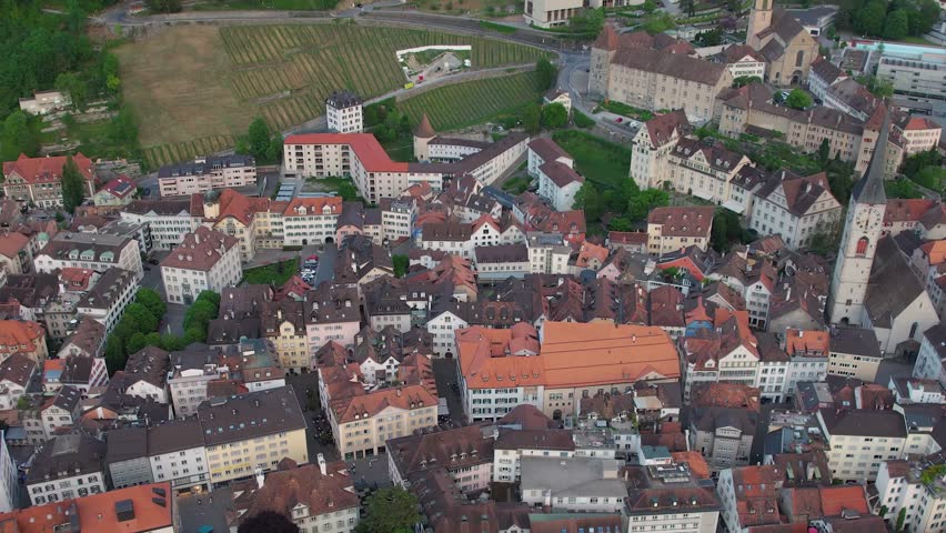 Aerial panorama view of the downtown in the city chur in Switzerland, on a sunny day in spring.