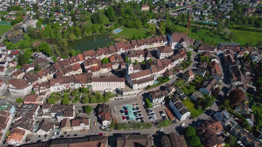 Aerial panorama view around the old town in the city Wil in switzerland on a sunny noon