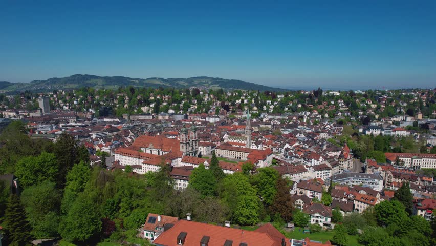 Aerial panorama view of the city St. Gallen in Switzerland on a sunny day in summer.