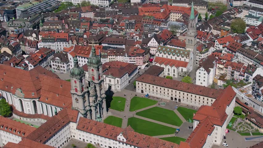 Aerial panorama view of the city St. Gallen in Switzerland on a sunny day in summer.