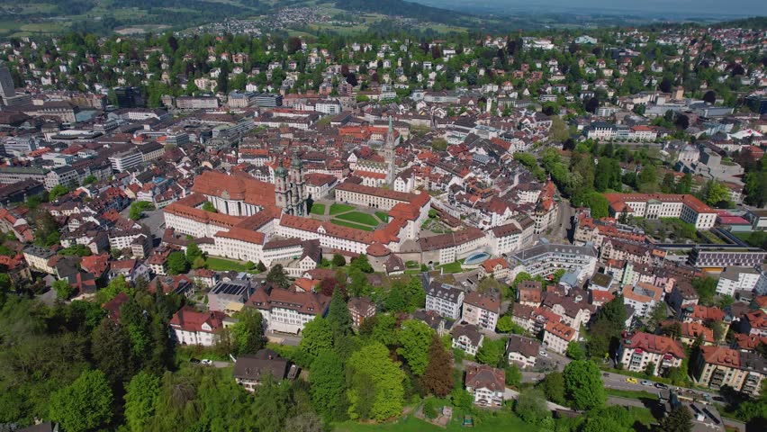 Aerial panorama view of the city St. Gallen in Switzerland on a sunny day in summer.