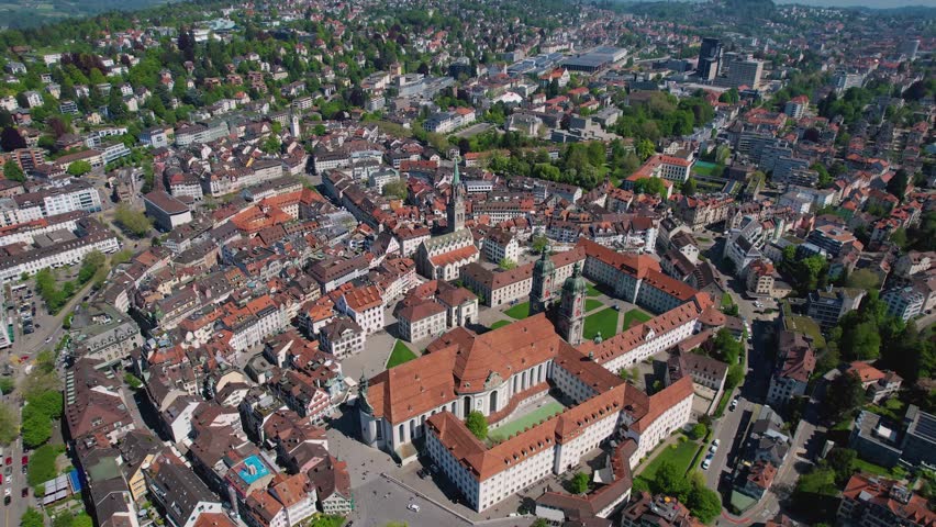 Aerial panorama view of the city St. Gallen in Switzerland on a sunny day in summer.