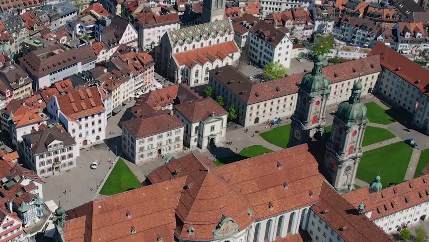 Aerial panorama view of the city St. Gallen in Switzerland on a sunny day in summer.