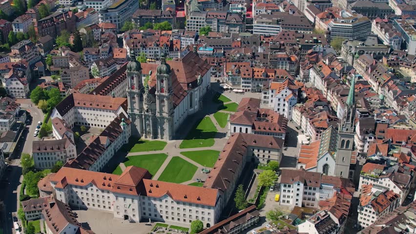 Aerial panorama view of the city St. Gallen in Switzerland on a sunny day in summer.