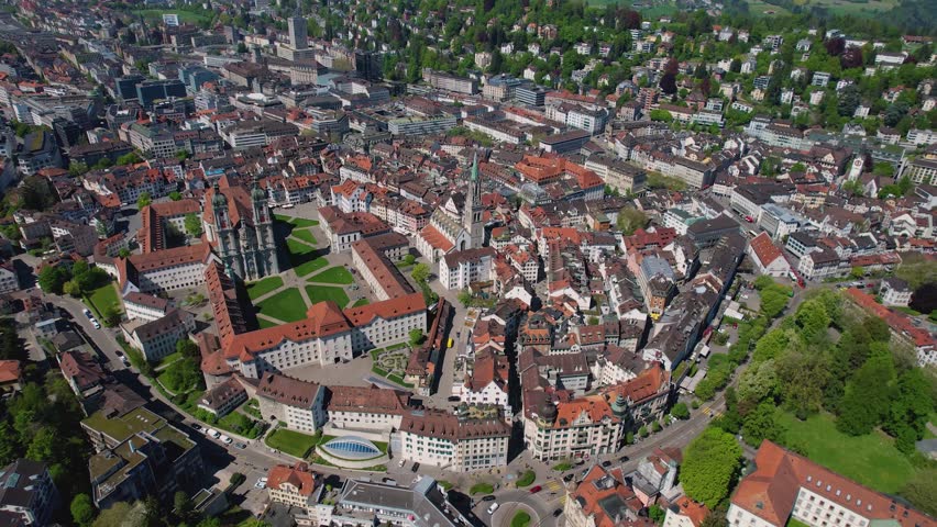 Aerial panorama view of the city St. Gallen in Switzerland on a sunny day in summer.