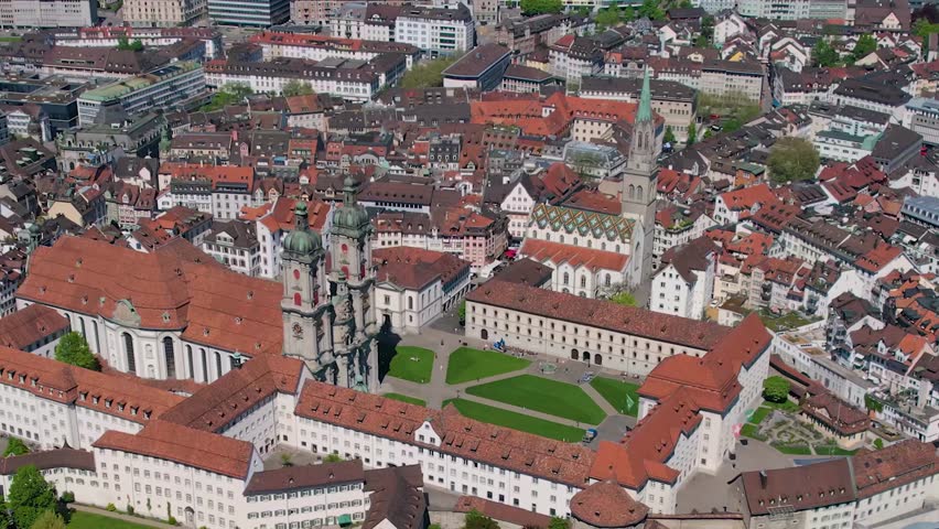 Aerial panorama view of the city St. Gallen in Switzerland on a sunny day in summer.