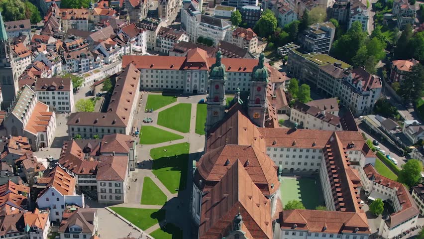 Aerial panorama view of the city St. Gallen in Switzerland on a sunny day in summer.