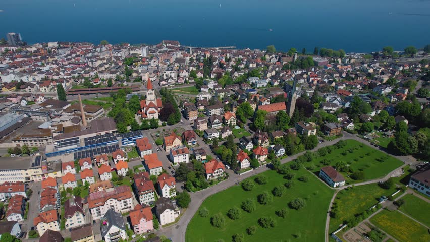 An aerial view of the old town of the city Rorschach in Switzerland  beside lake constance on a sunny day in summer