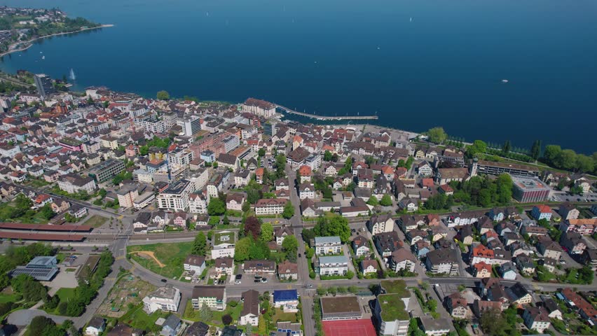 An aerial view of the old town of the city Rorschach in Switzerland  beside lake constance on a sunny day in summer