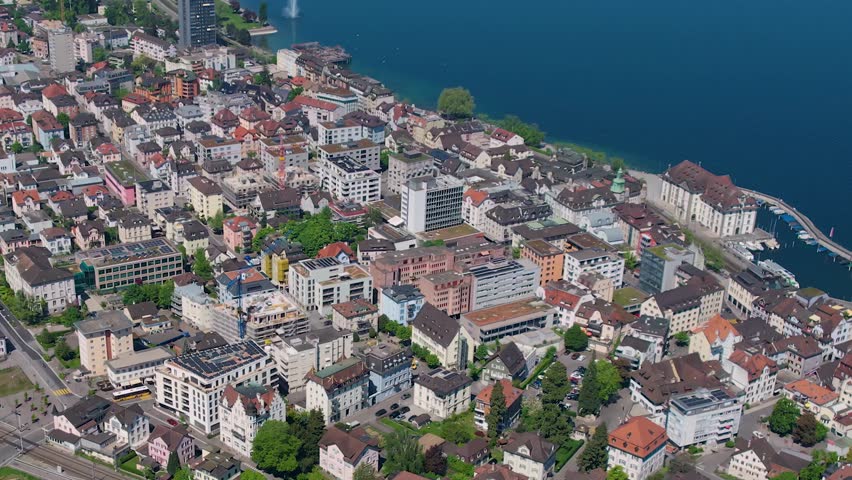 An aerial view of the old town of the city Rorschach in Switzerland  beside lake constance on a sunny day in summer