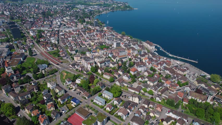 An aerial view of the old town of the city Rorschach in Switzerland  beside lake constance on a sunny day in summer