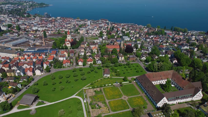 An aerial view of the old town of the city Rorschach in Switzerland  beside lake constance on a sunny day in summer